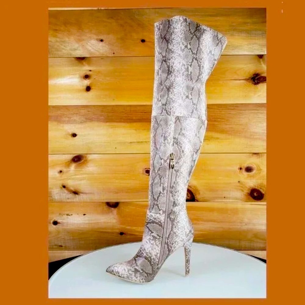 Mack J Nude Snake Pointy Toe High Heel Over The Knee Boots